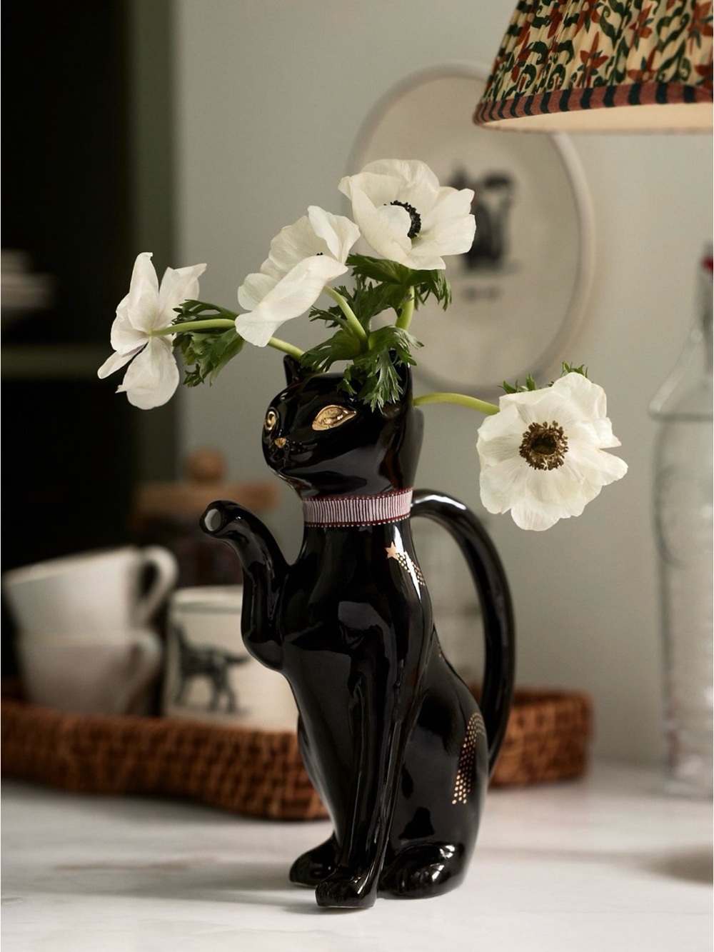 Florence Balducci Anthropologie Black Cat Vase pitcher Gold Accent